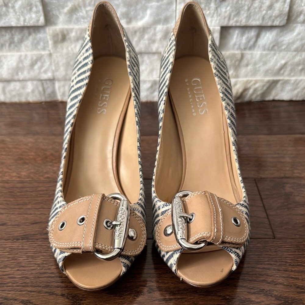 Guess Tan and Cream Peep Toe Heels with Nautical Flair